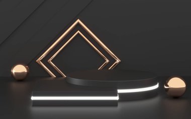 Altın elemanları ile 3d render siyah podyum geometrisi. Soyut geometrik şekil boş podyum. Minimal sahne kare adım zemin soyut kompozisyon. Boş vitrin, ayaklı platform ekranı.