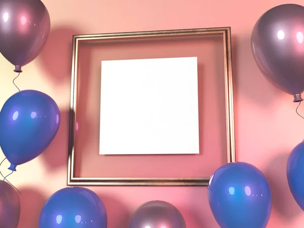 Πολύχρωμα μπαλόνια δίπλα στο χρυσό πλαίσιο εικόνα μπροστά από τον τοίχο. Απόδοση 3D. — Φωτογραφία Αρχείου