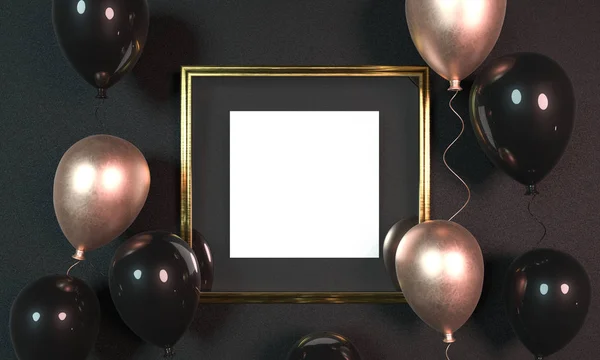 Globos coloridos junto al marco dorado de la foto delante de la pared. Representación 3D. Simular marco de imagen de oro. Diseño de banner de fiesta con globos negros y dorados . — Foto de Stock