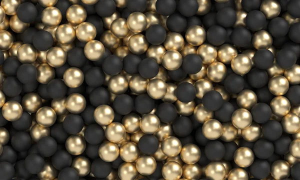 3d rendering black and golden realistic spheres background close up. Backdrop of metall balls with depth of field. Golden and black bubbles. Jewelry cover concept. Decoration element for design. — Stock Photo, Image