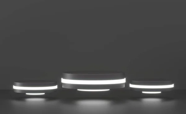 Pódio redondo, pedestal ou plataforma, iluminado por holofotes led. ilustração. Lightpodium brilhante. Local de publicidade. Suporte de produto em branco e com luz. Mostra vazia. Renderização 3d . — Fotografia de Stock