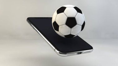 Mobil futbol. Futbol sahasında smartphone ekran ve topu. Online Bilet satış konsepti. Siyah cep telefonu ve beyaz arka plan üzerinde izole futbol topu. 3D render.