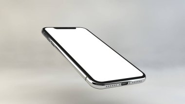 Beyaz ekranlı 3d render gümüş akıllı telefon. Yeni cep telefonu kadar alay.