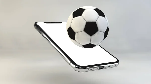 Мобильный футбол. Футбольное поле на экране смартфона и мяч. Концепция онлайн продажи билетов. Черный мобильный телефон и футбольный мяч изолированы на белом фоне. 3d-рендеринг . — стоковое фото