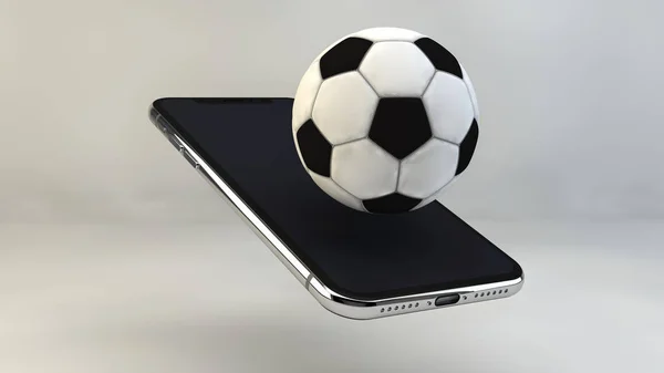 Mobile soccer. Football field on the smartphone screen and ball. Online ticket sales concept. Black mobile phone and soccer ball isolated on white background. 3d rendering. — Stock Photo, Image