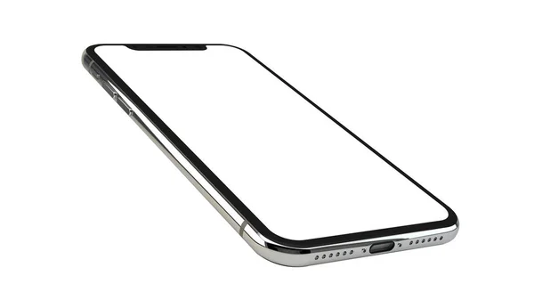 Beyaz arka plan üzerinde izole beyaz ekranlı 3d render gümüş akıllı telefon. Yeni cep telefonu kadar alay.