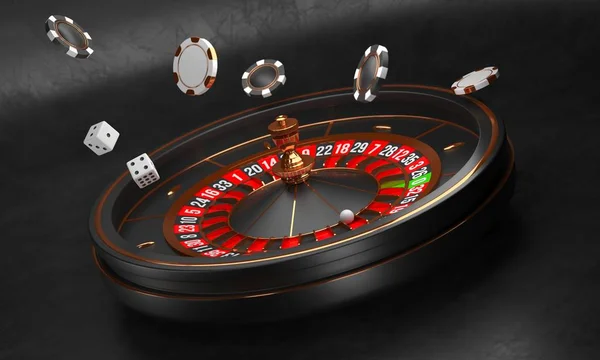 Kumarhane arka planı. Siyah arka plan üzerinde Lüks Casino rulet tekerlek. Casino teması. Bir top, cips ve zar ile yakın çekim siyah casino rulet. Poker oyun masası. 3d render illüstrasyon.