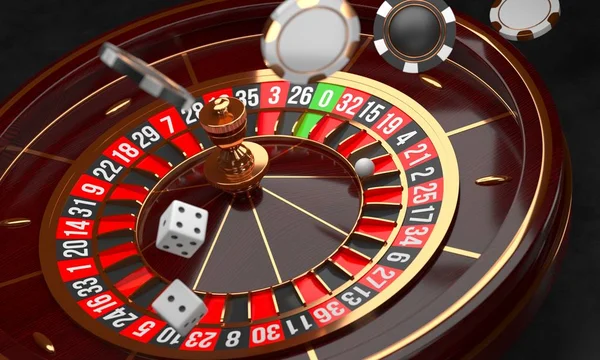 Φόντο καζίνο. Πολυτελές Καζίνο ρουλέτα σε μαύρο φόντο. Θέμα καζίνο. Κοντινό-up ξύλινη Ρουλέτα καζίνο με μια μπάλα, μάρκες και ζάρια. Τραπέζι παιχνιδιού πόκερ. απεικόνιση απόδοσης 3D. — Φωτογραφία Αρχείου