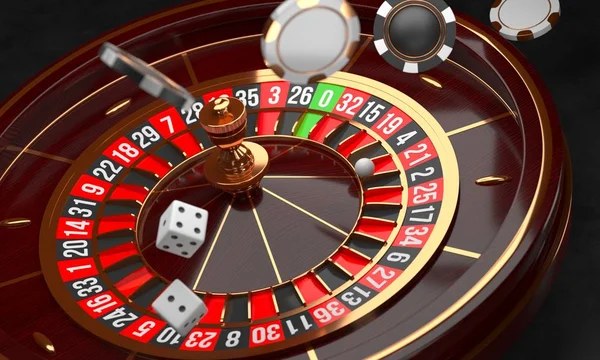 Kumarhane arka planı. Siyah arka plan üzerinde Lüks Casino rulet tekerlek. Casino teması. Bir top, cips ve zar ile yakın çekim ahşap casino rulet. Poker oyun masası. 3d render illüstrasyon. — Stok fotoğraf