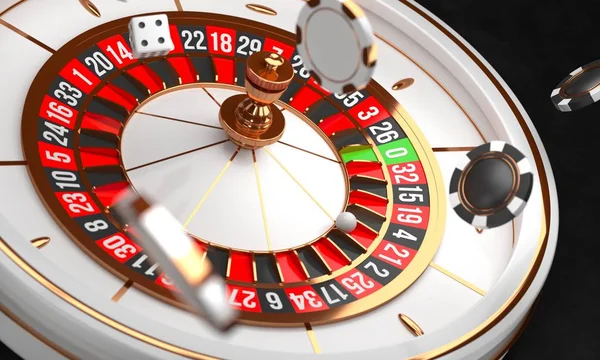 Fondo del casino. Lujo Casino ruleta rueda sobre fondo negro. Tema Casino. Primer plano de la ruleta de casino blanco con una pelota, fichas y dados. Mesa de juego de poker. Ilustración de representación 3d . — Foto de Stock