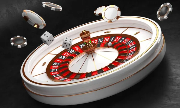 Fundo do casino. Roda de roleta de casino de luxo sobre fundo preto. Tema do casino. Roleta de casino branco close-up com uma bola, fichas e dados. Mesa de jogo de poker. ilustração de renderização 3d . — Fotografia de Stock