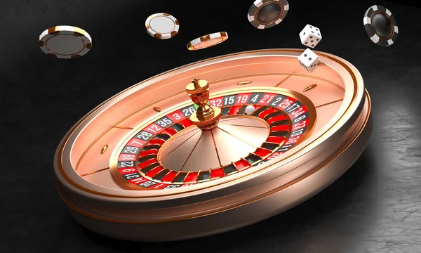 Casino background. Luxury Casino roulette wheel on black background. Casino theme. Close-up white casino roulette with a ball, chips and dice. Poker game table. 3d rendering illustration.