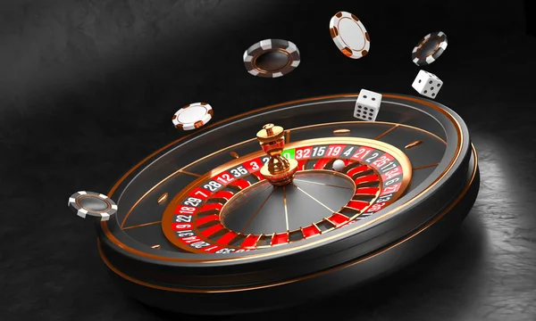 Kasino bakgrunn. Luksuskasino ruletthjul på svart bakgrunn. Kasino tema. Nær-hvitt kasino rulett med ball, chips og terninger. Poker-spillebordet. 3d Smelteillustrasjon . – stockfoto