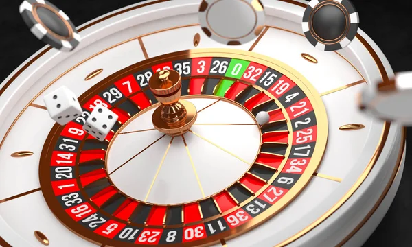 Kumarhane arka planı. Siyah arka plan üzerinde Lüks Casino rulet tekerlek. Casino teması. Bir top, cips ve zar ile yakın çekim beyaz casino rulet. Poker oyun masası. 3d render illüstrasyon. — Stok fotoğraf