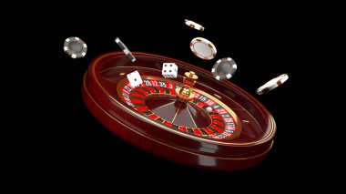 Kumarhane arka planı. Lüks Casino rulet tekerleği siyah arka plan üzerinde izole. Casino teması. Bir top, cips ve zar ile yakın çekim beyaz casino rulet. Poker oyun masası. 3d render illüstrasyon.