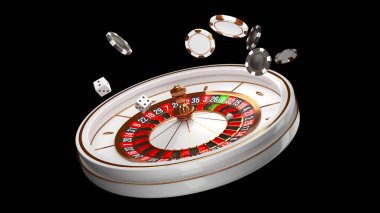 Kumarhane arka planı. Lüks Casino rulet tekerleği siyah arka plan üzerinde izole. Casino teması. Bir top, cips ve zar ile yakın çekim beyaz casino rulet. Poker oyun masası. 3d render illüstrasyon.