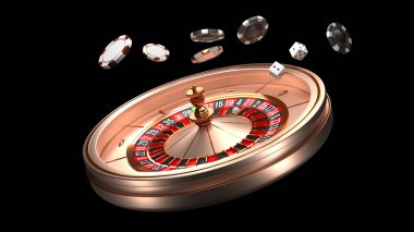 Kumarhane arka planı. Lüks Casino rulet tekerleği siyah arka plan üzerinde izole. Casino teması. Bir top, cips ve zar ile yakın çekim beyaz casino rulet. Poker oyun masası. 3d render illüstrasyon.