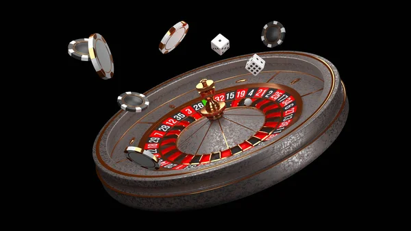 Fondo del casino. Lujo Casino ruleta rueda aislada sobre fondo negro. Tema Casino. Primer plano de la ruleta de casino blanco con una pelota, fichas y dados. Mesa de juego de poker. Ilustración de representación 3d . —  Fotos de Stock