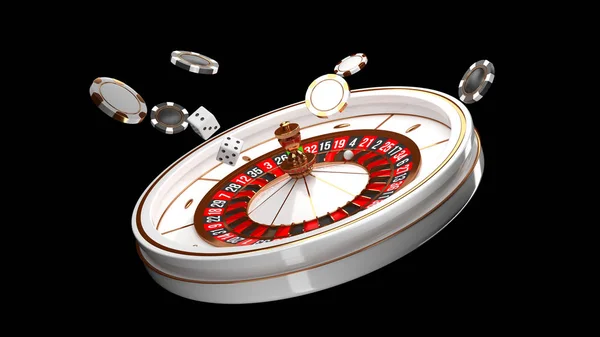 Fundo do casino. Roda de roleta de luxo Casino isolada em fundo preto. Tema do casino. Roleta de casino branco close-up com uma bola, fichas e dados. Mesa de jogo de poker. ilustração de renderização 3d . — Fotografia de Stock