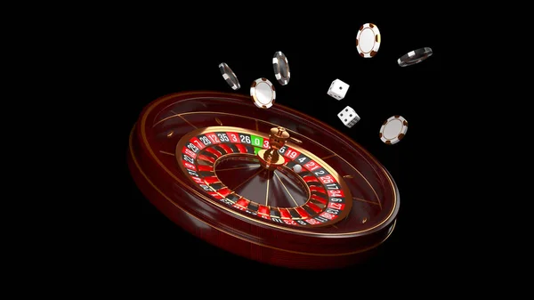 Kasino bakgrunn. Luksushjul av kasino rulett isolert på svart bakgrunn. Kasino tema. Nær-hvitt kasino rulett med ball, chips og terninger. Poker-spillebordet. 3d Smelteillustrasjon . – stockfoto