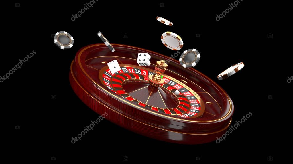 Casino background. Luxury Casino roulette wheel isolated on black background. Casino theme. Close-up white casino roulette with a ball, chips and dice. Poker game table. 3d rendering illustration