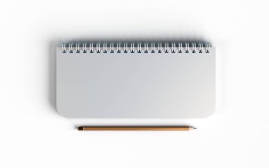 İş beyaz masa arka plan üzerinde kalem ile kapalı spiral boş geri dönüşümlü kağıt kapak lı dizüstü üst görünümü kadar mock. 3d render.