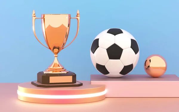 Golden trophy cup with soccer ball on the podium. Winner Cup and football ball. Shiny golden trophy awards on wooden shelf with soccer ball. 3D rendering