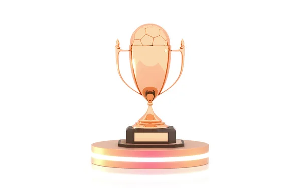 Golden trophy cup with soccer ball on the podium isolated on white background. Winner Cup and football ball. Shiny golden trophy awards on wooden shelf with soccer ball. 3D rendering — Stock Photo, Image