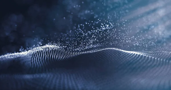 Veri teknolojisi soyut gelecek çizimi. Karanlık arka planda noktaları birleştiren düşük polimerli bir şekil. 3 boyutlu görüntüleme. Büyük veri görselleştirmesi. Parçacık dalgası. Gelecekçi mavi noktalar arkaplanı