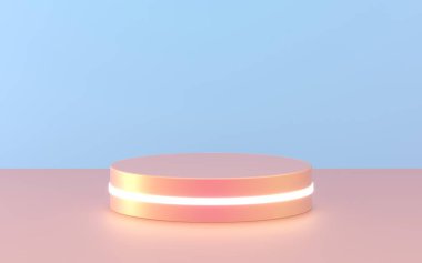Yuvarlak podyum, kaide veya platform, led spot ışıkları ile aydınlatılmış. Illüstrasyon. Parlak ışık podyumu. Reklam yeri. Boş ürün standı ve ışık ile. Boş vitrin. 3d Rendering.