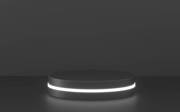 Pódio redondo, pedestal ou plataforma, iluminado por holofotes led. ilustração. Lightpodium brilhante. Local de publicidade. Suporte de produto em branco e com luz. Mostra vazia. Renderização 3d . — Fotografia de Stock