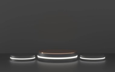 Yuvarlak podyum, kaide veya platform, led spot ışıkları ile aydınlatılmış. Illüstrasyon. Parlak ışık podyumu. Reklam yeri. Boş ürün standı ve ışık ile. Boş vitrin. 3d Rendering.