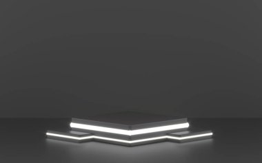 Yuvarlak podyum, kaide veya platform, led spot ışıkları ile aydınlatılmış. Illüstrasyon. Parlak ışık podyumu. Reklam yeri. Boş ürün standı ve ışık ile. Boş vitrin. 3d Rendering.