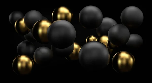 Fondo abstracto dorado y negro con burbujas de esferas 3d. Vector bolas de Navidad texturizado con oro. Concepto de cubierta de joyería. Banner horizontal. Elemento decorativo para el diseño . — Archivo Imágenes Vectoriales