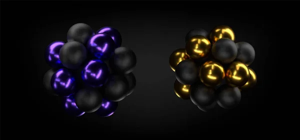 Fundo abstrato com molécula 3d ou átomo. Escuras pretas azuis douradas. Ilustração vetorial de bolas texturizadas com brilho. Jóias conceito tampa de ouro. Bandeira preta. Elemento científico para o design . —  Vetores de Stock