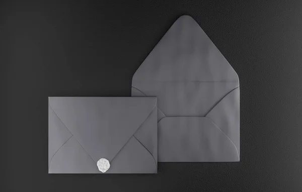 Black square envelope with wax seal. Black paper envelope mock up on black background, 3d rendering. — Stock Photo, Image