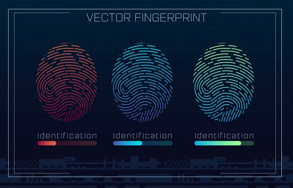 Sistema di identificazione delle impronte digitali in stile HUD futuristico. Interfaccia biometrica. Riconoscimento tecnologia biometrica e concetto di intelligenza artificiale. Scansione delle impronte digitali HUD UI — Vettoriale Stock