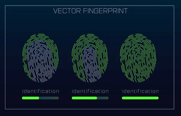 Sistema di identificazione delle impronte digitali in stile HUD futuristico. Interfaccia biometrica. Riconoscimento tecnologia biometrica e concetto di intelligenza artificiale. Scansione delle impronte digitali HUD UI — Vettoriale Stock