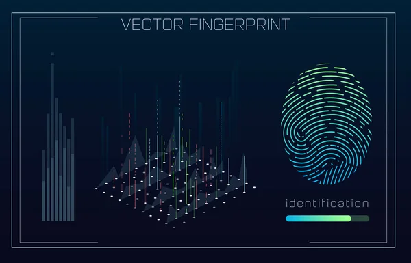 Sistema di identificazione delle impronte digitali in stile HUD futuristico. Interfaccia biometrica. Riconoscimento tecnologia biometrica e concetto di intelligenza artificiale. Scansione delle impronte digitali HUD UI — Vettoriale Stock