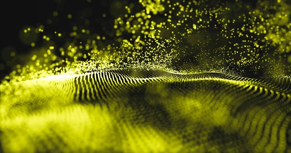Vague de particules. Futuriste fond de points bleus. Technologie des données avec particules d'or et luxueuse vague scintillante. Connexion de points bokeh dorés sur fond sombre. Visualisation Big Data . — Photo