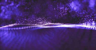 Veri teknolojisi soyut gelecek çizimi. Karanlık arka planda noktaları birleştiren düşük polimerli bir şekil. 3 boyutlu görüntüleme. Büyük veri görselleştirmesi. Parçacık dalgası. Gelecekçi mavi noktalar arkaplanı