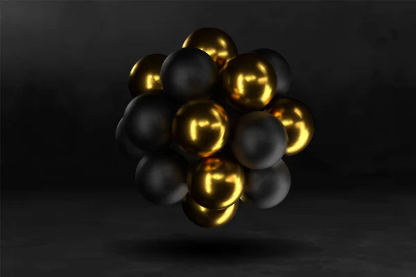 3d молекулы или атома абстрактный фон проектирования. Золотой чёрный херес. Векторная иллюстрация шаров с блестками. Концепция золотого покрытия ювелирных изделий. Черное знамя. Научный элемент дизайна — стоковый вектор