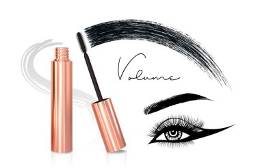 Maskara eyeliner ve fırça konturu vektör, güzellik ve kozmetik arka plan. Vektör çizim