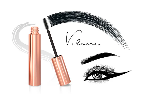 Maskara eyeliner ve fırça konturu vektör, güzellik ve kozmetik arka plan. Vektör çizim — Stok Vektör