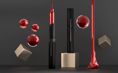 Makyaj reklamları şablonu, moda ruj kozmetik güzellik ürünü makyaj. Büyüleyici kırmızı ruj siyah ve altın arka plan ile alay. Trendy kozmetik tasarım. 3d illüstrasyon