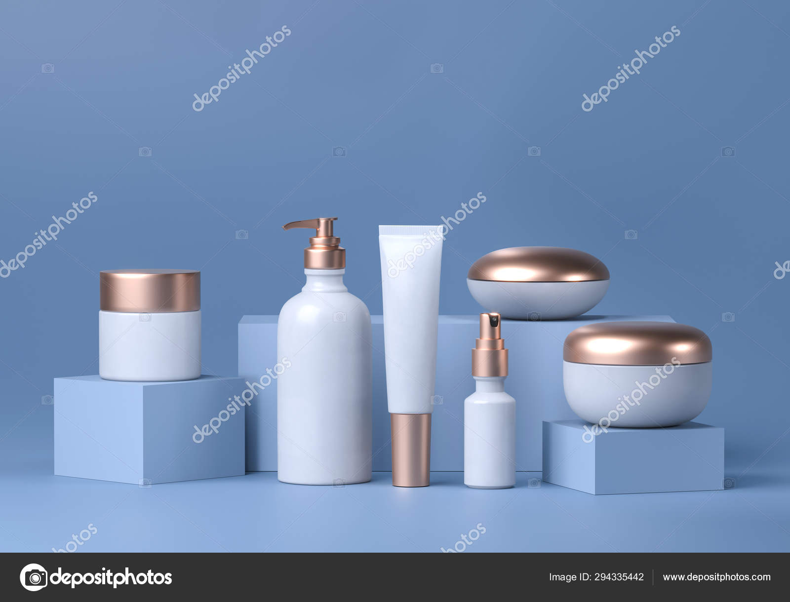 A set of bottles and tubes of cosmetics, jars for skin care with