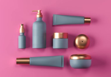 Kozmetik sahte set. Kozmetik ambalaj şişeleri kavanoz ve tüp. Boş yüz kremi tüpü, sprey makyaj. Pembe arka plan üzerinde trendy altın gerçekçi güzellik ürünleri seti. Cilt veya saç bakımı. 3d render