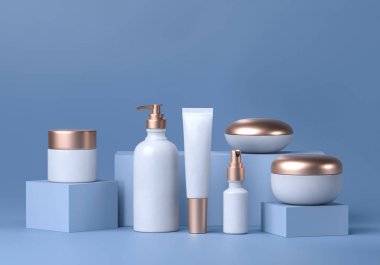 Kozmetik sahte set. Kozmetik ambalaj şişeleri kavanoz ve tüp. Boş yüz kremi tüpü, sprey makyaj. Mavi arka plan trendy beyaz altın gerçekçi güzellik ürünleri. Cilt veya saç bakımı. 3d render