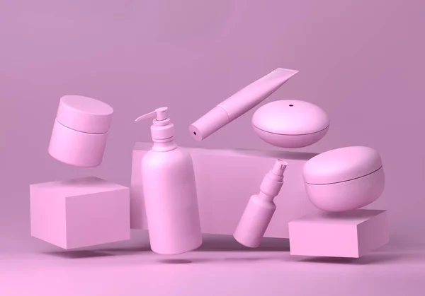 Un finto trucco cosmetico. Bottiglie di imballaggio cosmetico vaso e tubo. Make up tubo crema viso vuoto, spray. Set di prodotti di bellezza realistici alla moda su sfondo rosa chiaro. Cura della pelle o dei capelli. rendering 3d — Foto Stock