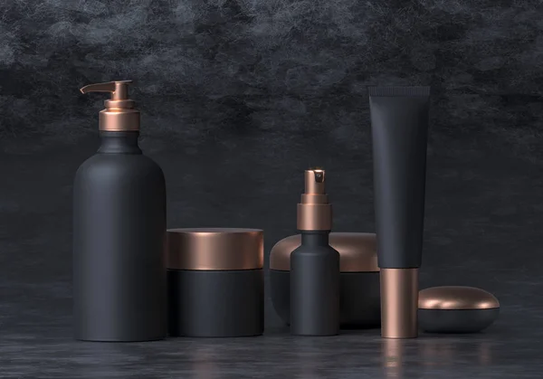 Cosmetic mock up set. Cosmetic packaging bottles jar and tube. Make up blank face cream tube, spray. Set of trendy gold realistic beauty products on black background. Skin or hair care. 3d rendering